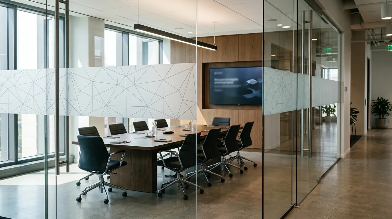 Frosted privacy film on glass office partitions