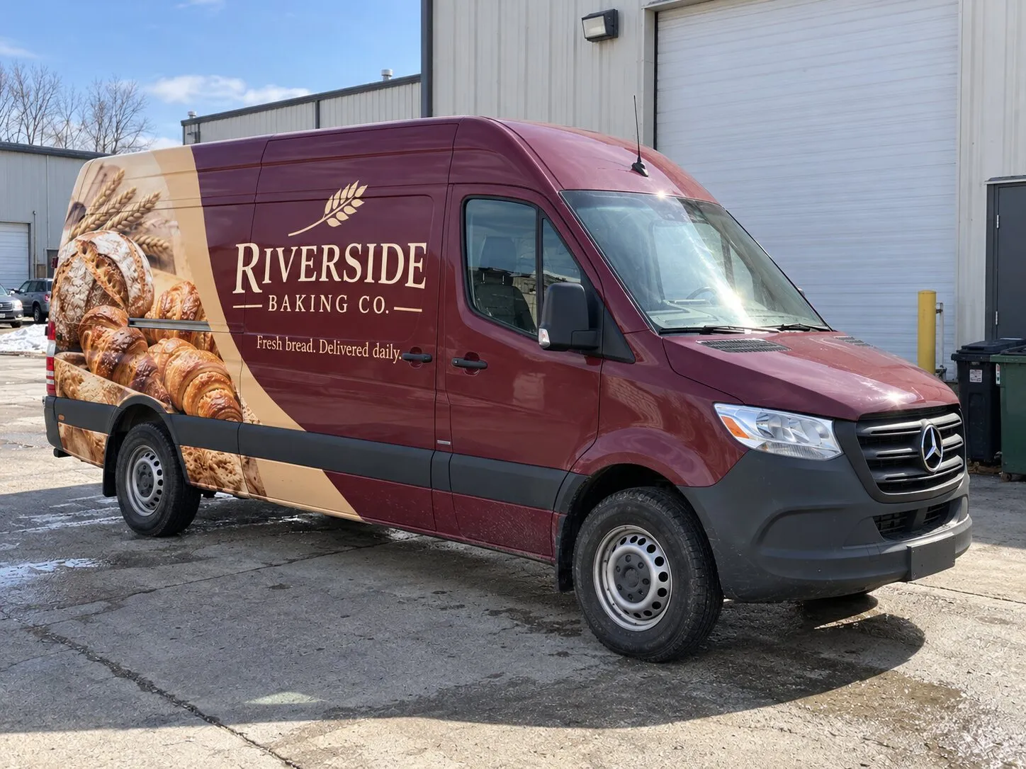 White Mercedes-Benz Sprinter van with a burgundy bakery wrap showing fresh bread and croissants