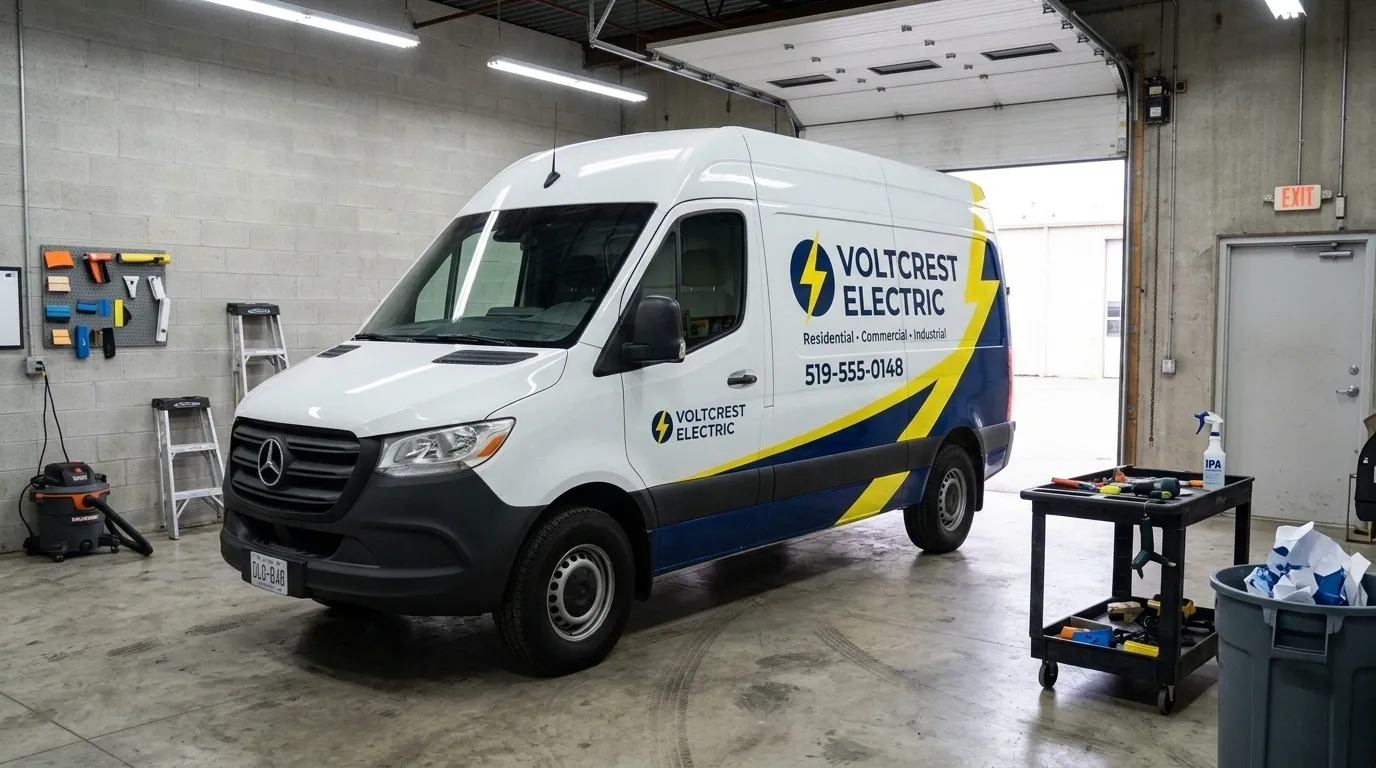 White Mercedes-Benz Sprinter with a navy and yellow electrician fleet wrap parked in the indoor wrap bay