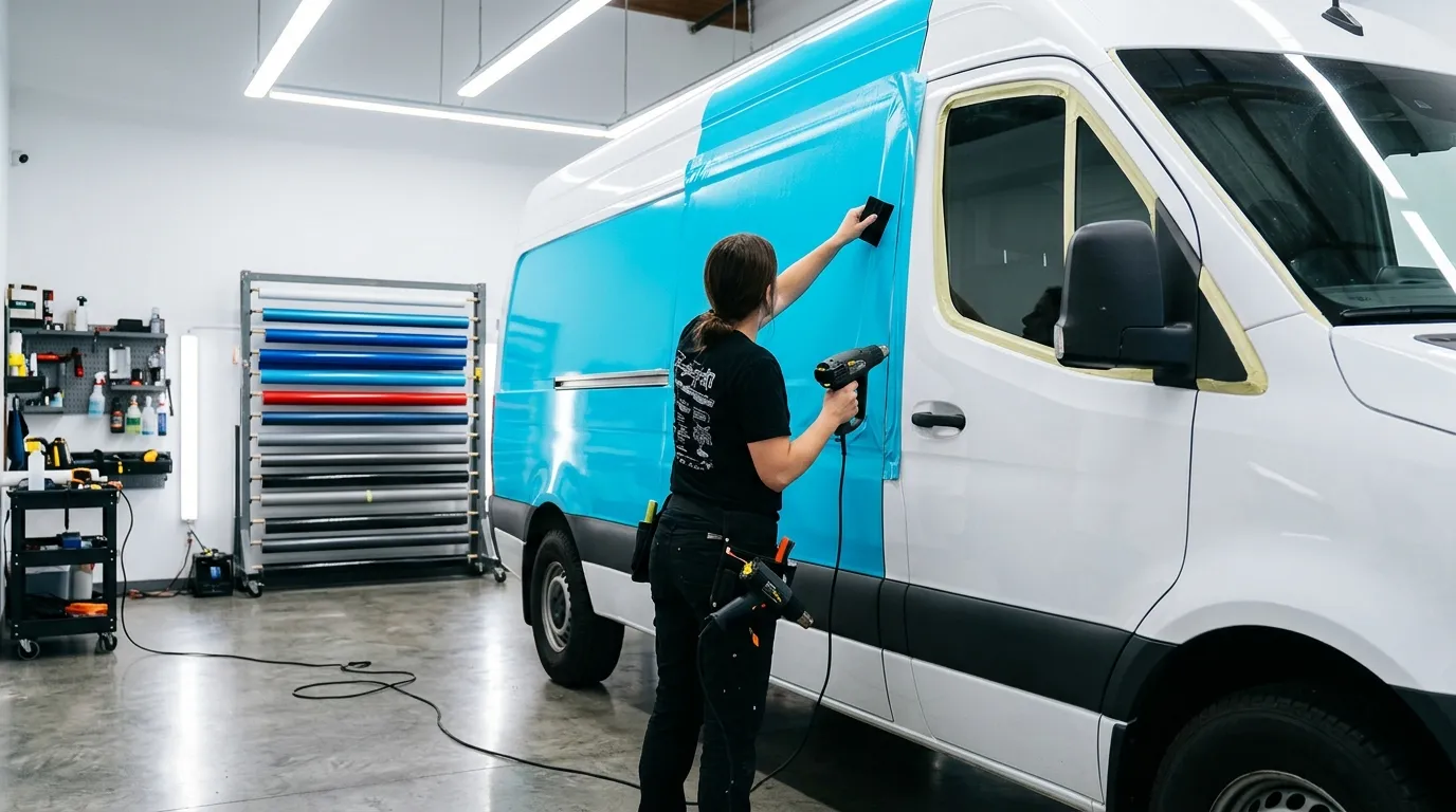Installer applying printed wrap film to a white van inside the indoor wrap bay
