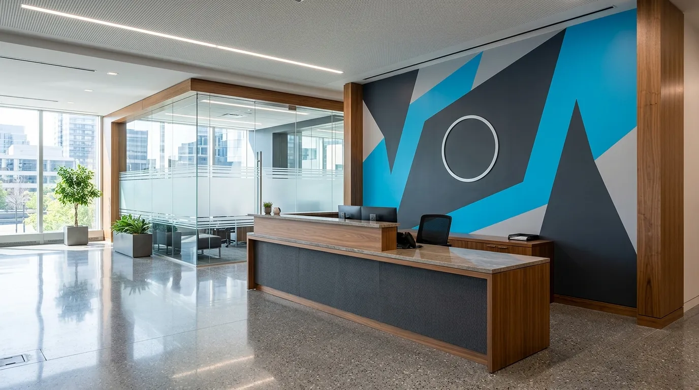 Branded feature wall in an office reception area