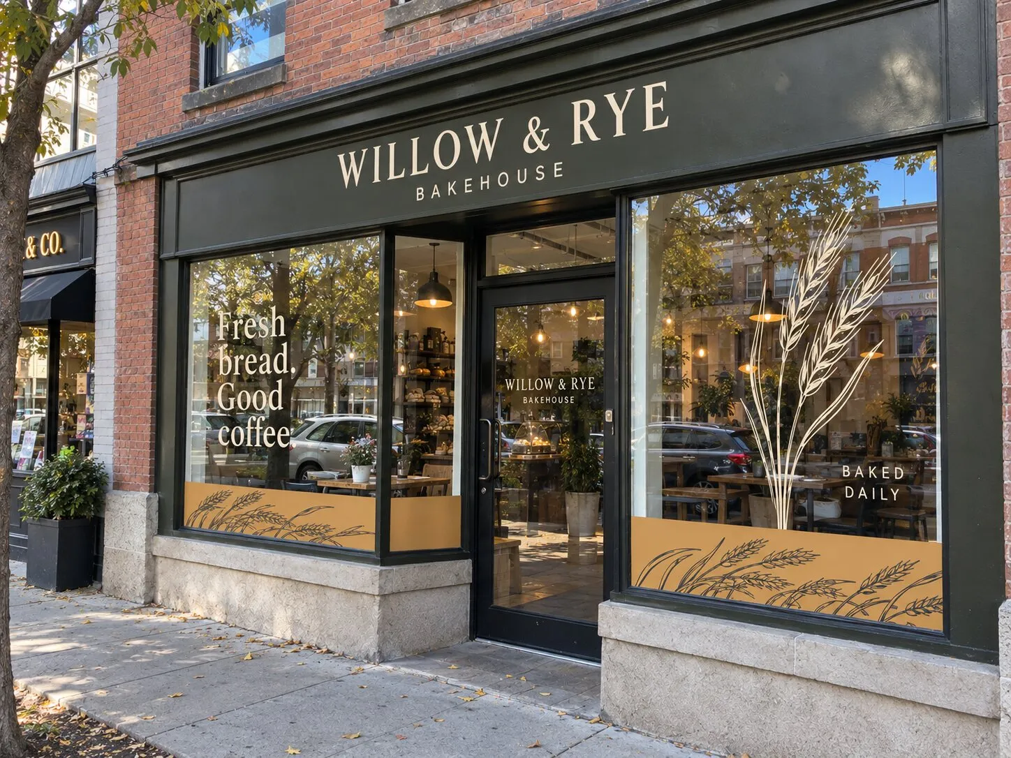 Brick bakery storefront with cream window lettering and gold wheat-pattern window graphics