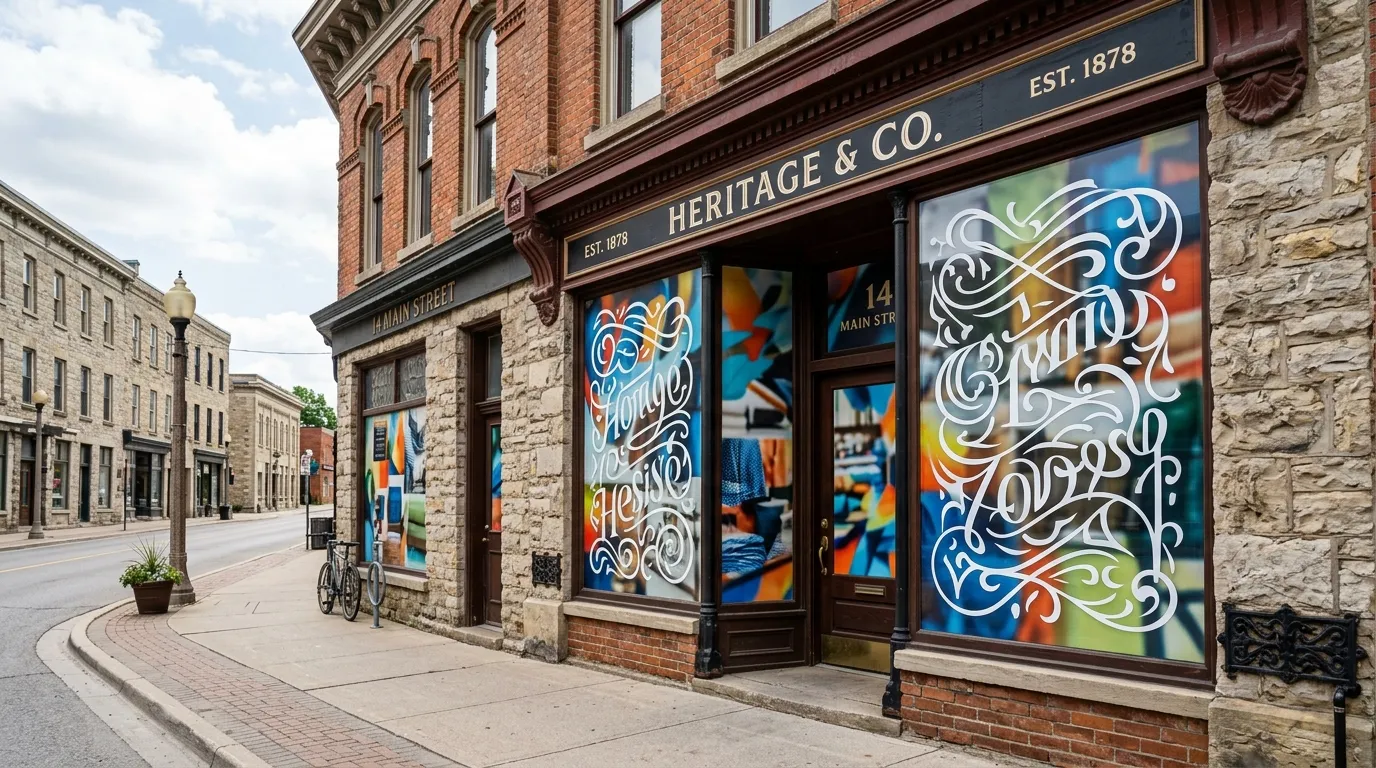 Storefront windows with printed vinyl graphics