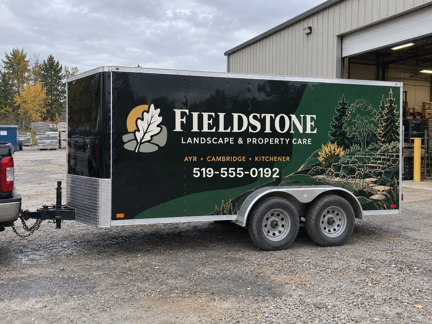 Black enclosed trailer with a green landscaping wrap featuring an illustrated stone garden, hitched to a pickup