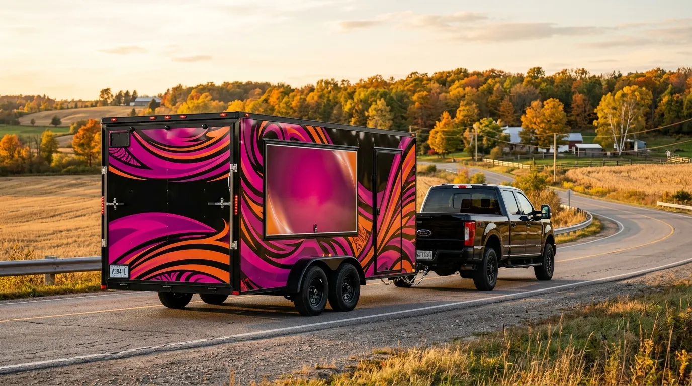Printed graphics on the side of an enclosed trailer