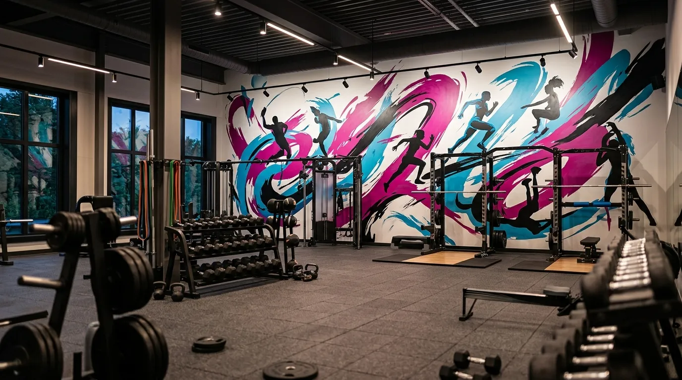Large printed wall mural in a commercial space