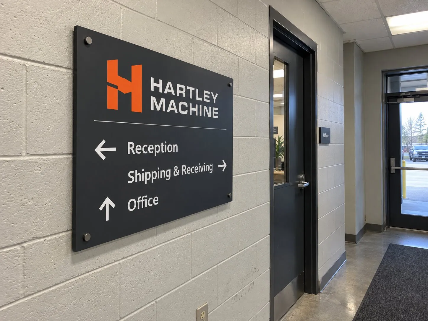 Wall-mounted directional sign on standoffs pointing visitors to reception, shipping and the office